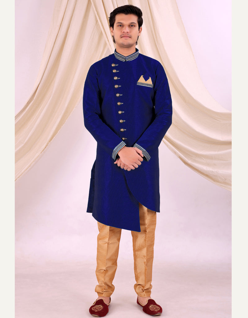 Blue Silk Blend Sherwani Set with Beige Pyjama for Men - DBMS1013