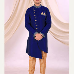 Blue Silk Blend Sherwani Set with Beige Pyjama for Men - DBMS1013