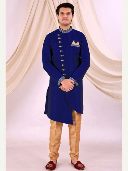 Blue Silk Blend Sherwani Set with Beige Pyjama for Men - DBMS1013