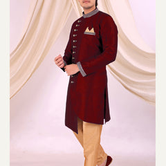 Red Silk Blend Sherwani Set with Beige Pyjama for Men - DBMS1014