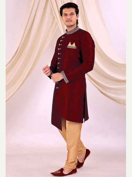 Red Silk Blend Sherwani Set with Beige Pyjama for Men - DBMS1014