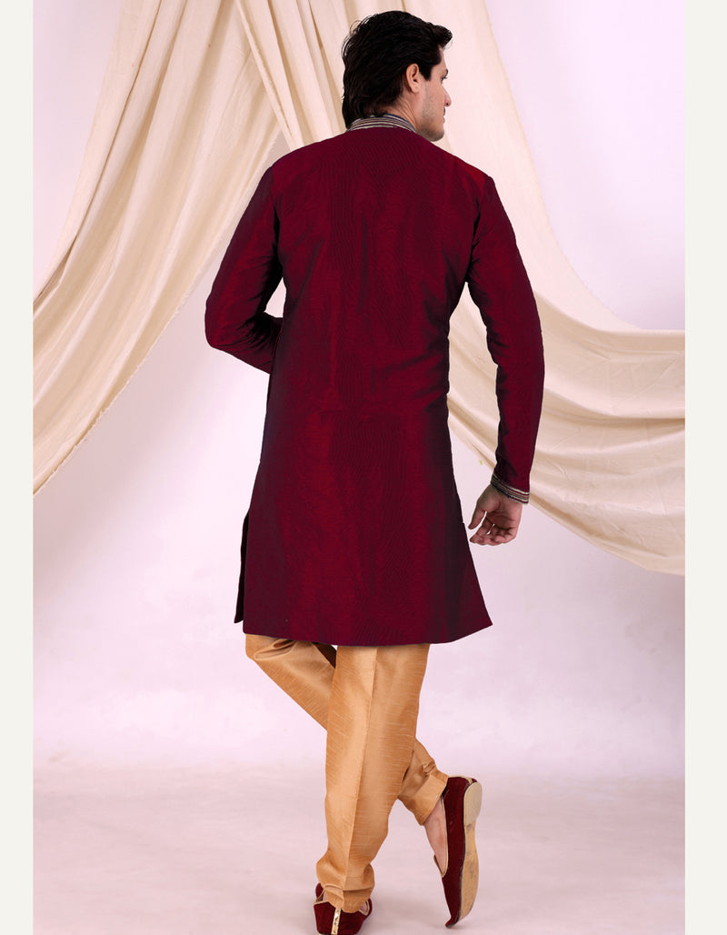 Red Silk Blend Sherwani Set with Beige Pyjama for Men - DBMS1014