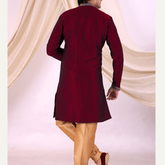 Red Silk Blend Sherwani Set with Beige Pyjama for Men - DBMS1014