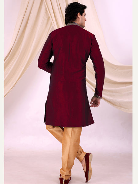 Red Silk Blend Sherwani Set with Beige Pyjama for Men - DBMS1014