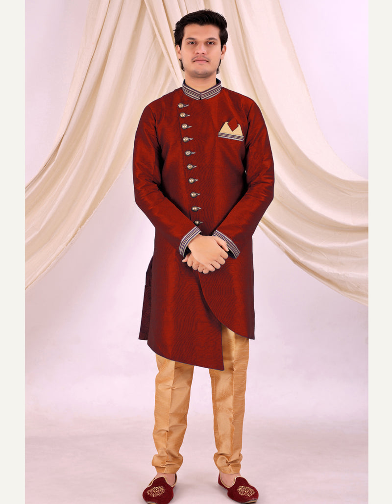 Red Silk Blend Sherwani Set with Beige Pyjama for Men - DBMS1014