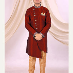 Red Silk Blend Sherwani Set with Beige Pyjama for Men - DBMS1014