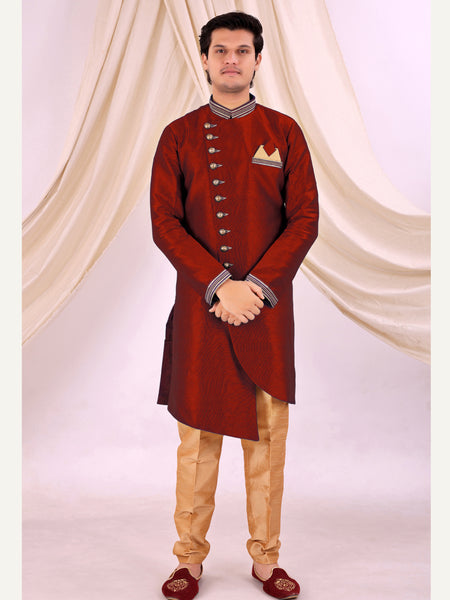 Red Silk Blend Sherwani Set with Beige Pyjama for Men - DBMS1014