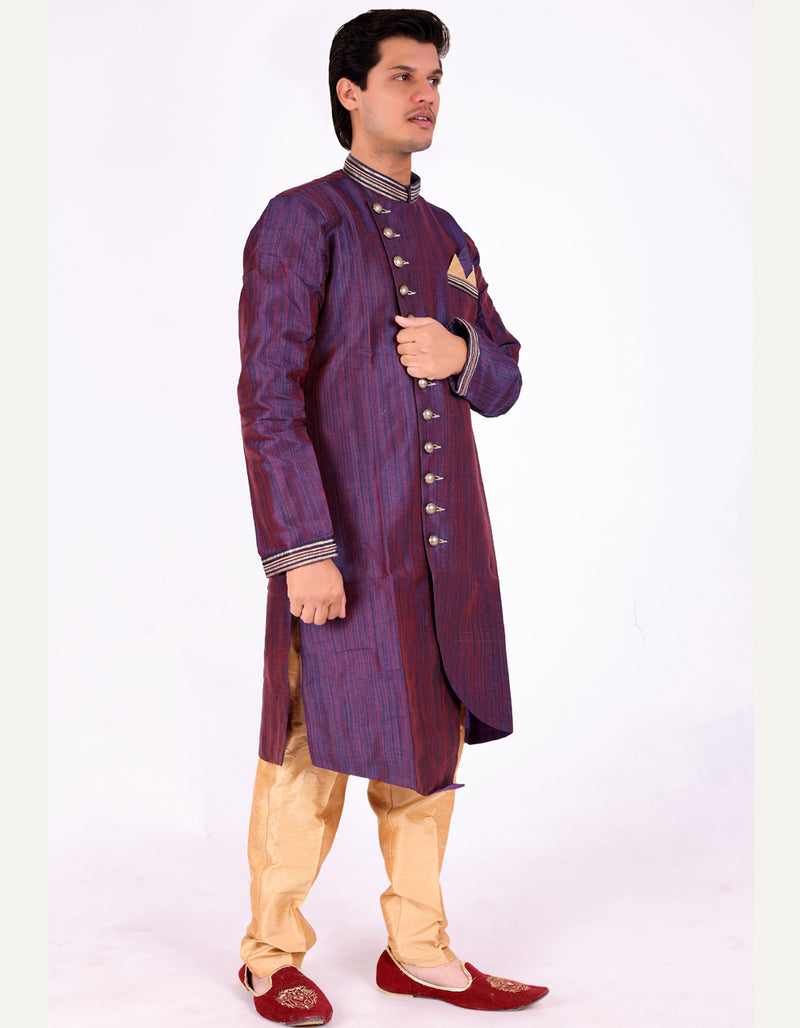 Purple Silk Blend Sherwani Set with Beige Pyjama for Men - DBMS1015