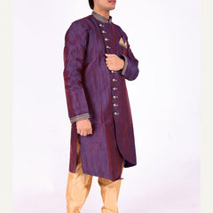 Purple Silk Blend Sherwani Set with Beige Pyjama for Men - DBMS1015