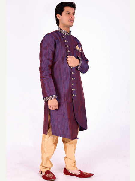 Purple Silk Blend Sherwani Set with Beige Pyjama for Men - DBMS1015