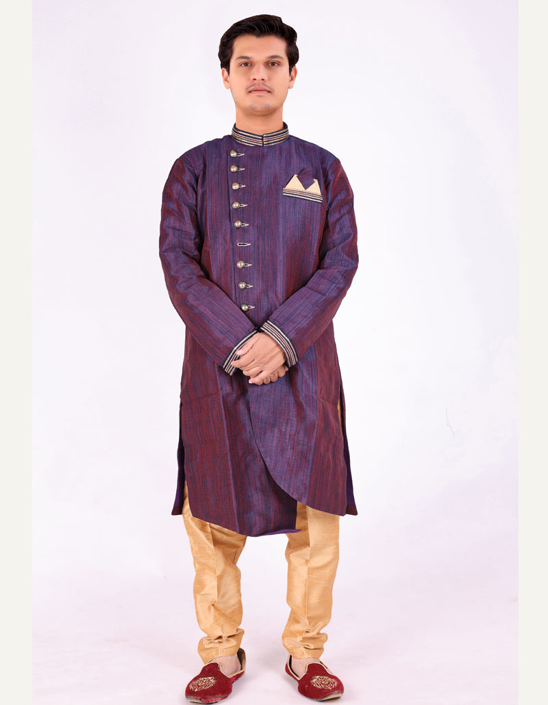 Purple Silk Blend Sherwani Set with Beige Pyjama for Men - DBMS1015