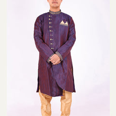 Purple Silk Blend Sherwani Set with Beige Pyjama for Men - DBMS1015