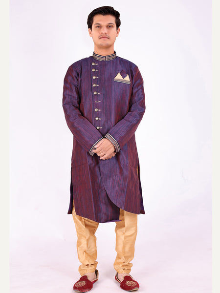 Purple Silk Blend Sherwani Set with Beige Pyjama for Men - DBMS1015