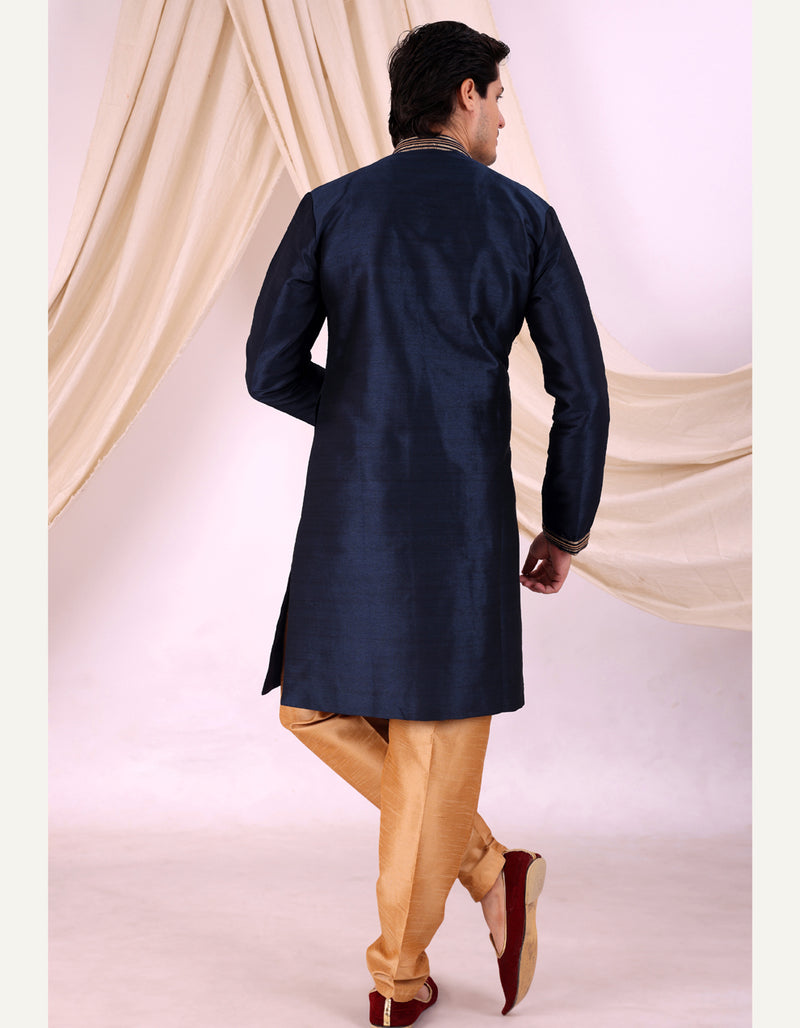 Navy Blue Silk Blend Sherwani Set with Beige Pyjama for Men - DBMS1016