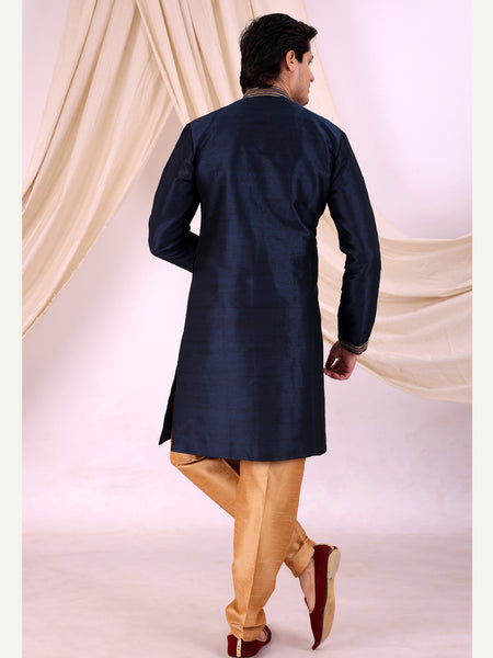 Navy Blue Silk Blend Sherwani Set with Beige Pyjama for Men - DBMS1016
