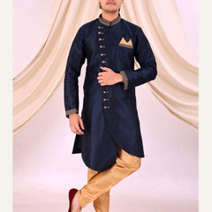 Navy Blue Silk Blend Sherwani Set with Beige Pyjama for Men - DBMS1016