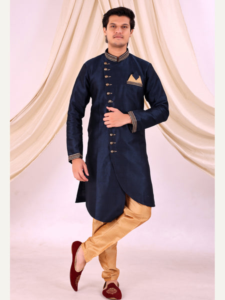 Navy Blue Silk Blend Sherwani Set with Beige Pyjama for Men - DBMS1016