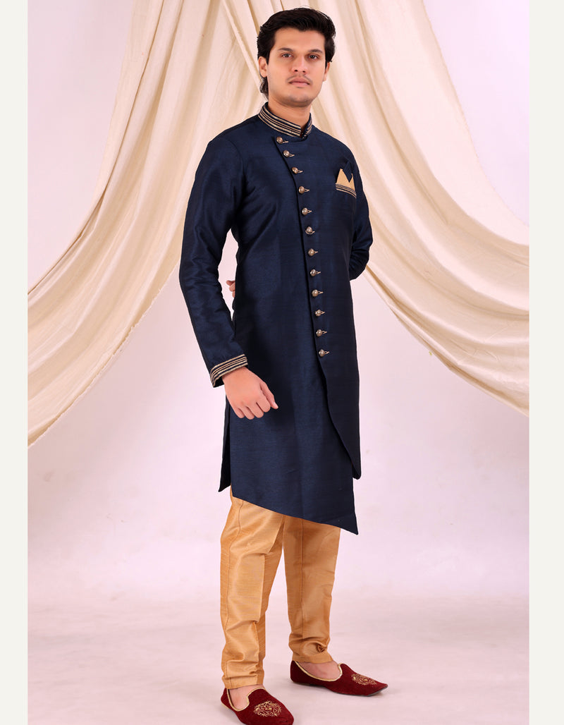 Navy Blue Silk Blend Sherwani Set with Beige Pyjama for Men - DBMS1016
