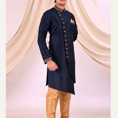 Navy Blue Silk Blend Sherwani Set with Beige Pyjama for Men - DBMS1016