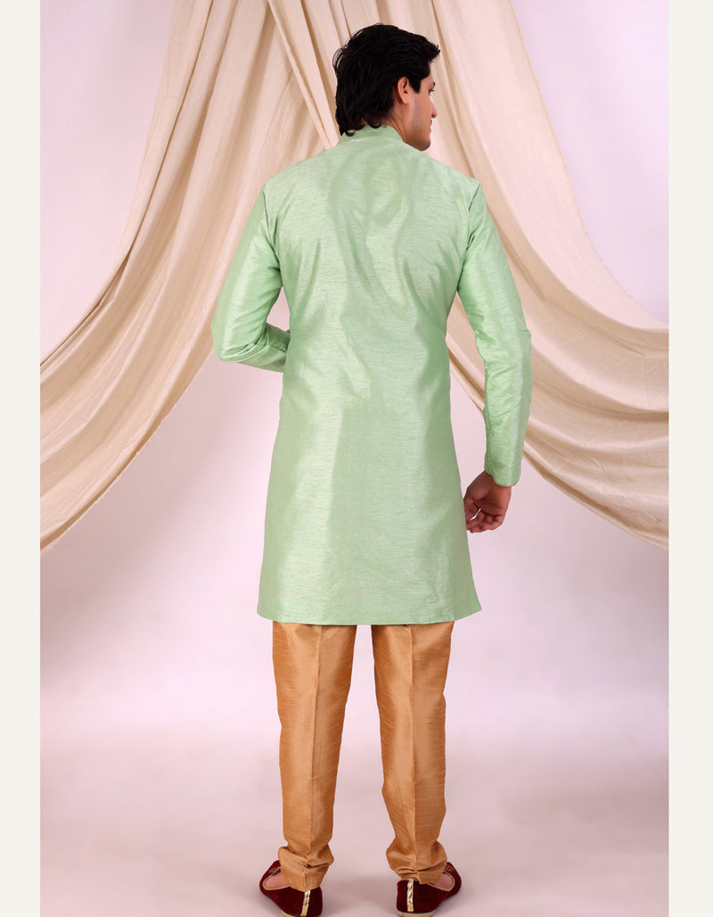 Pista Green Silk Blend Sherwani Set with Beige Pyjama for Men - DBMS1017