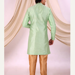 Pista Green Silk Blend Sherwani Set with Beige Pyjama for Men - DBMS1017