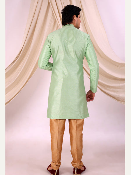 Pista Green Silk Blend Sherwani Set with Beige Pyjama for Men - DBMS1017