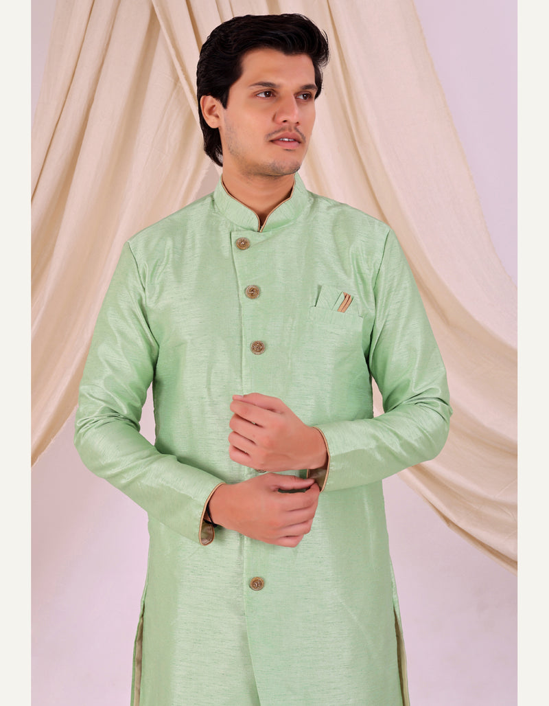 Pista Green Silk Blend Sherwani Set with Beige Pyjama for Men - DBMS1017