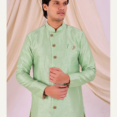 Pista Green Silk Blend Sherwani Set with Beige Pyjama for Men - DBMS1017