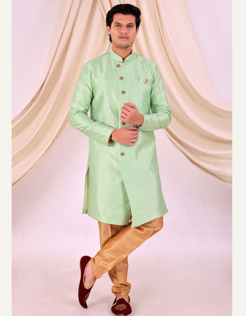 Pista Green Silk Blend Sherwani Set with Beige Pyjama for Men - DBMS1017