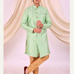 Pista Green Silk Blend Sherwani Set with Beige Pyjama for Men - DBMS1017