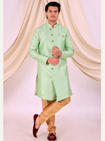Pista Green Silk Blend Sherwani Set with Beige Pyjama for Men - DBMS1017