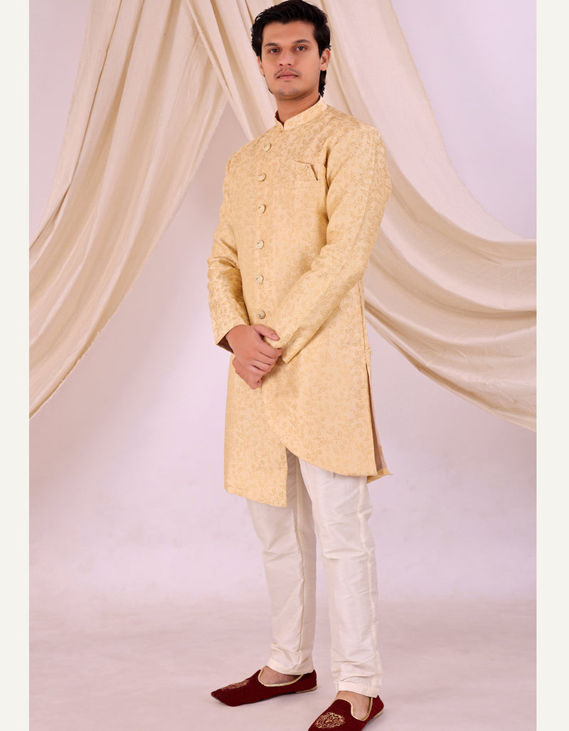 Cream Silk Blend Sherwani Set with White Pyjama for Men - DBMS1019