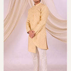 Cream Silk Blend Sherwani Set with White Pyjama for Men - DBMS1019