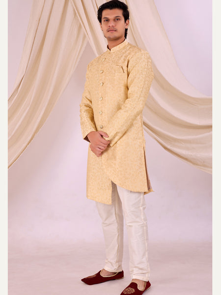 Cream Silk Blend Sherwani Set with White Pyjama for Men - DBMS1019