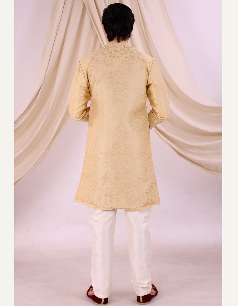 Cream Silk Blend Sherwani Set with White Pyjama for Men - DBMS1019