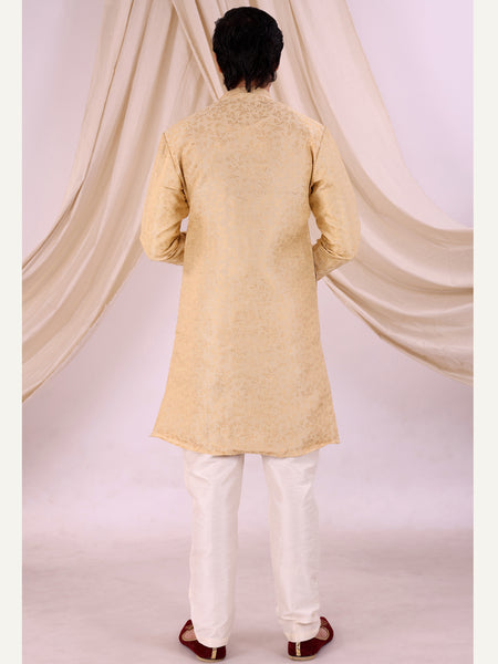 Cream Silk Blend Sherwani Set with White Pyjama for Men - DBMS1019
