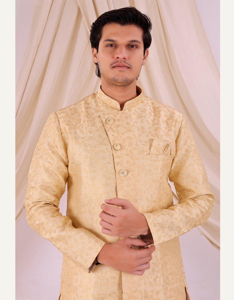 Cream Silk Blend Sherwani Set with White Pyjama for Men - DBMS1019