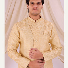 Cream Silk Blend Sherwani Set with White Pyjama for Men - DBMS1019