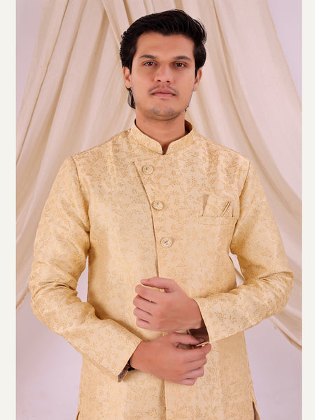 Cream Silk Blend Sherwani Set with White Pyjama for Men - DBMS1019