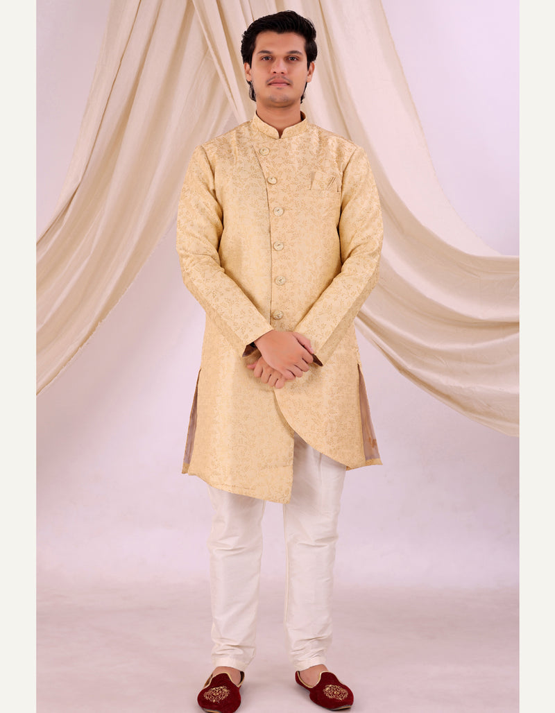 Cream Silk Blend Sherwani Set with White Pyjama for Men - DBMS1019