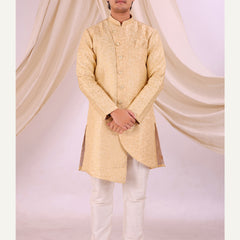 Cream Silk Blend Sherwani Set with White Pyjama for Men - DBMS1019