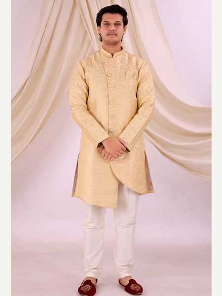 Cream Silk Blend Sherwani Set with White Pyjama for Men - DBMS1019