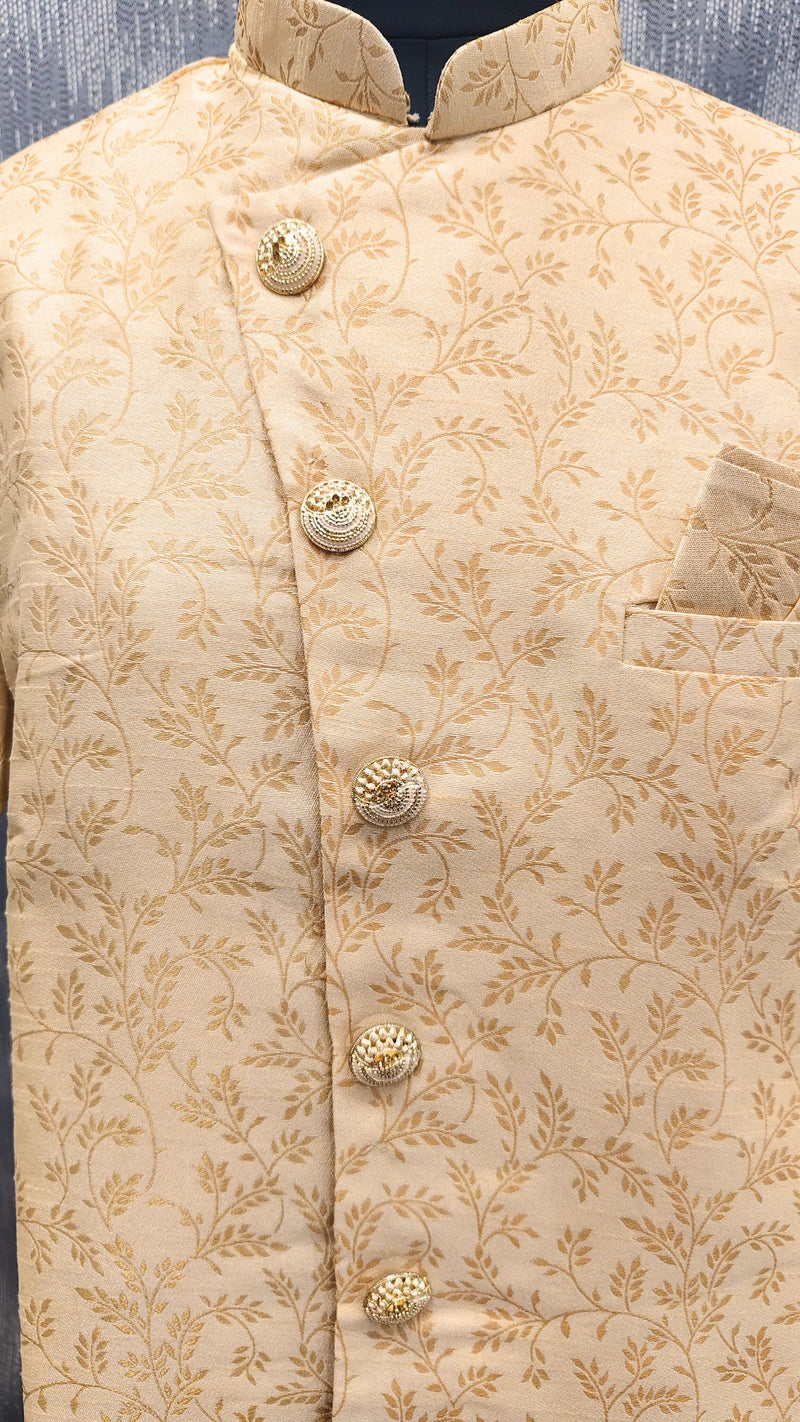 Cream Silk Blend Sherwani Set with White Pyjama for Men - DBMS1019