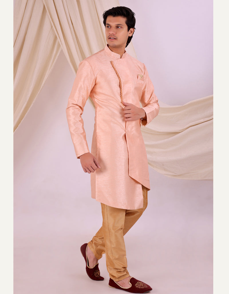 Peach Silk Blend Sherwani Set with Beige Pyjama for Men - DBMS1022