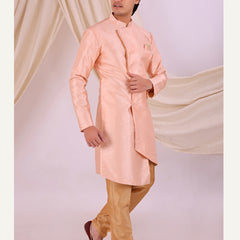 Peach Silk Blend Sherwani Set with Beige Pyjama for Men - DBMS1022
