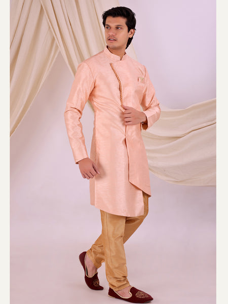 Peach Silk Blend Sherwani Set with Beige Pyjama for Men - DBMS1022