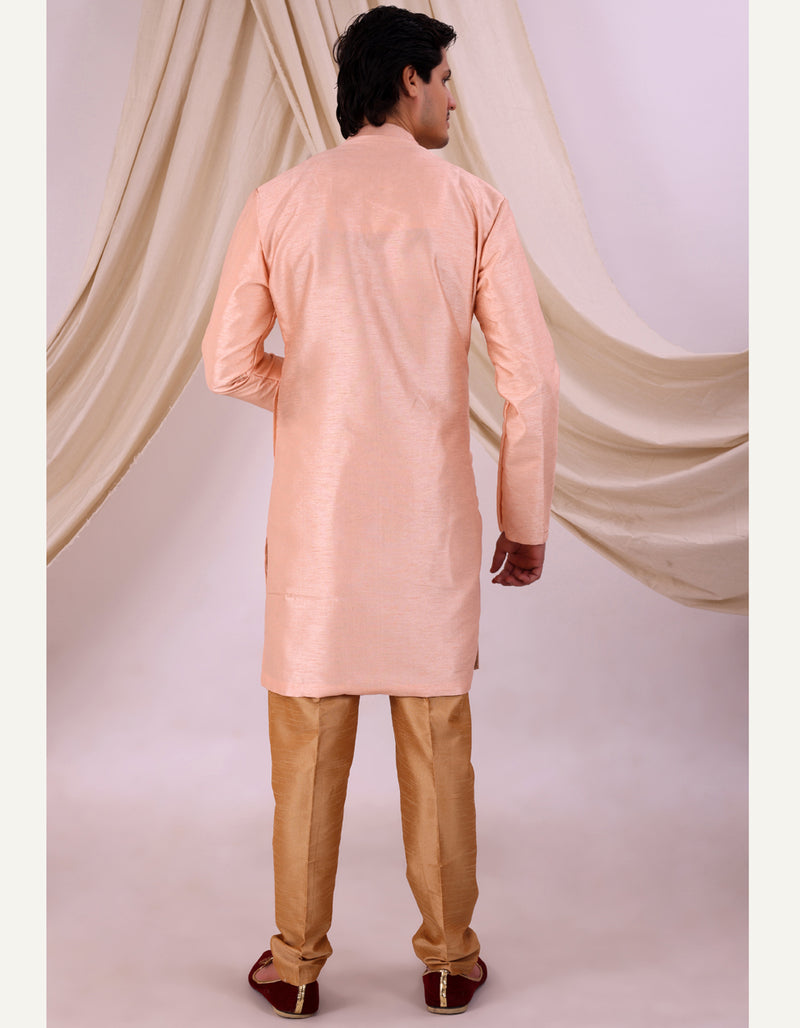 Peach Silk Blend Sherwani Set with Beige Pyjama for Men - DBMS1022