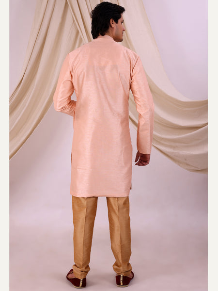 Peach Silk Blend Sherwani Set with Beige Pyjama for Men - DBMS1022