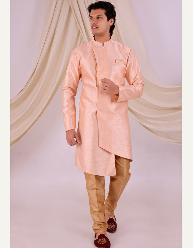 Peach Silk Blend Sherwani Set with Beige Pyjama for Men - DBMS1022