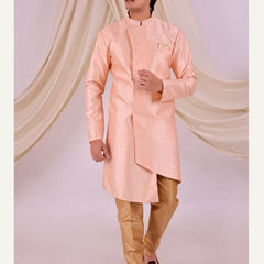 Peach Silk Blend Sherwani Set with Beige Pyjama for Men - DBMS1022